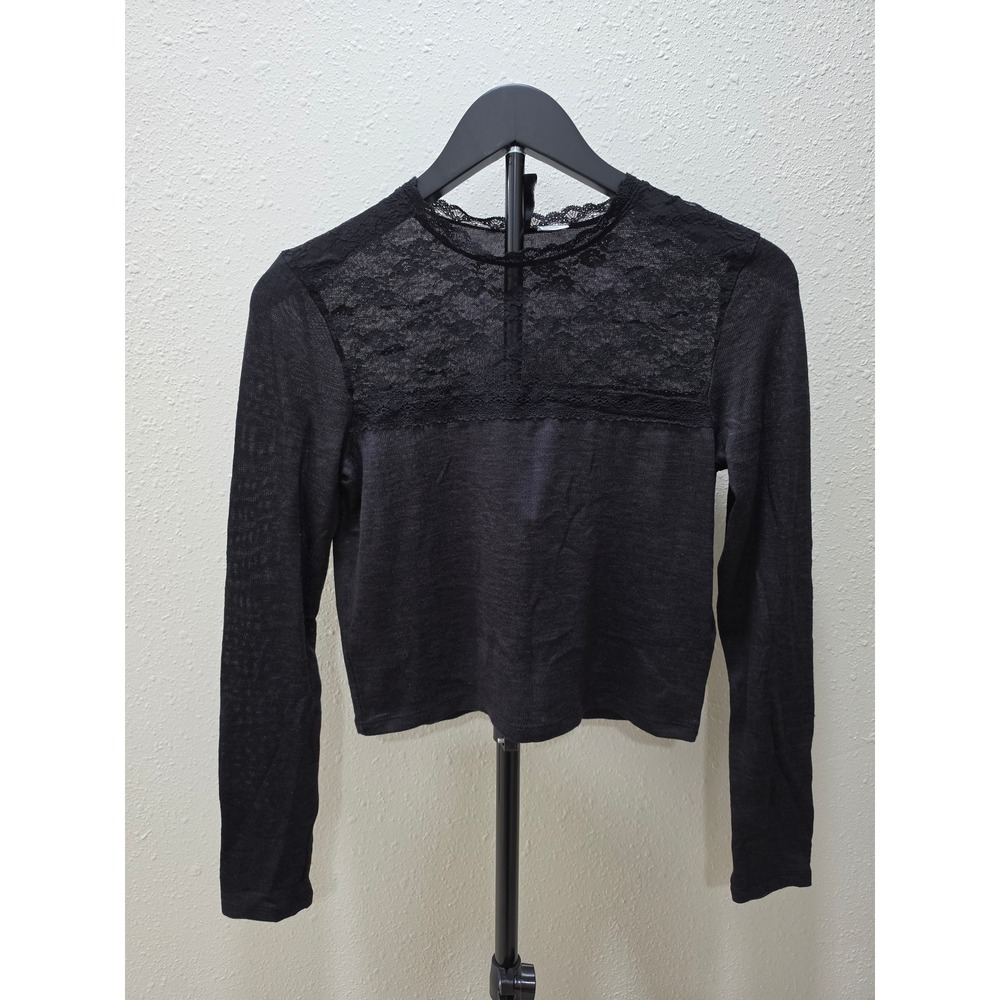 Black Long Sleeve Knit Top with Floral Lace Yoke Crew Neck Cropped Silhouette